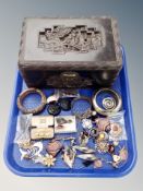 A tray of carved camphor wood jewellery box, costume jewellery, bangles,