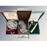 A group of silver and white metal necklaces, chains, ring, silver bangle etc,
