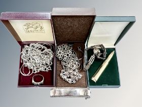 A group of silver and white metal necklaces, chains, ring, silver bangle etc,