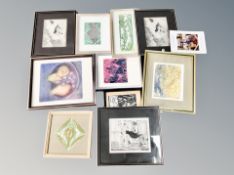 A collection of pictures from the studio of Paula Stephenson, prints, etchings, watercolours,