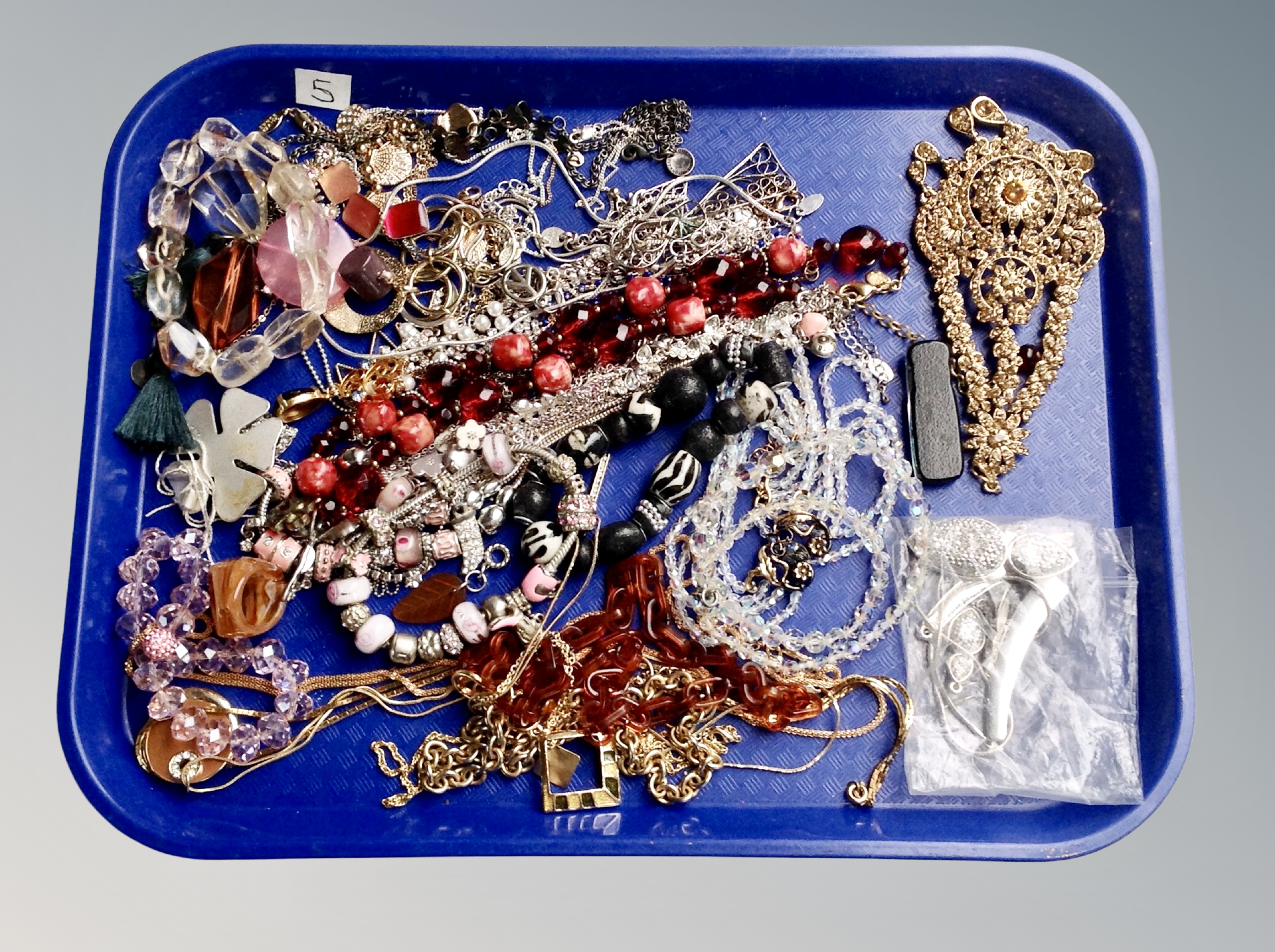 A tray of named costume necklaces etc including Danish design Pilgrim,