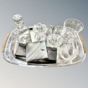 A stainless steel 1970's wooden-handled tray, together with 8 pieces of glassware,