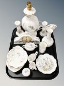 A tray of Aynsley china, mantel clock,