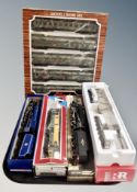 A tray of rolling stock : Liliput model Modellbahn HO scale set of carriages, Lima locomotive,