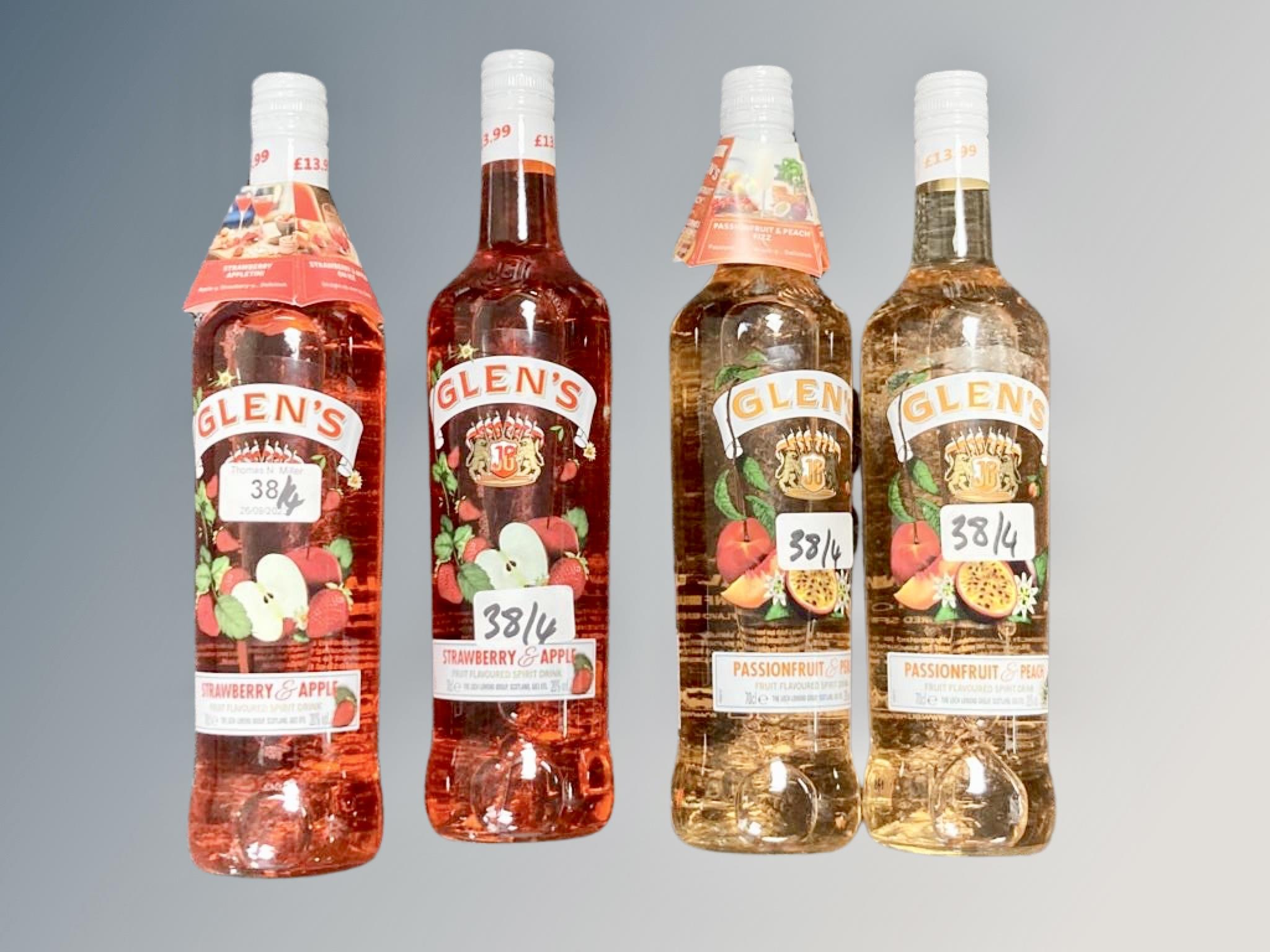 4 x Glen's Spirit Drink : 2 x Passion Fruit & Peach and 2 x Strawberry & Apple, all 70 cl.