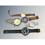 An antique silver pocket watch together with four various gent's wristwatches.