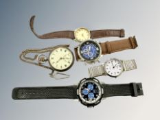 An antique silver pocket watch together with four various gent's wristwatches.