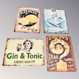 Four tin signs : Gin & Tonic,
