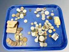 A tray of mixed pre-decimal and foreign coins, Ronson lighter,