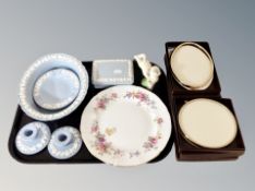 A tray of ceramics including Wedgwood blue and white china, photograph frames,