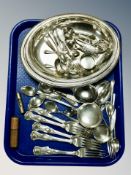 A tray of silver plated items, cutlery, breakfast dishes,