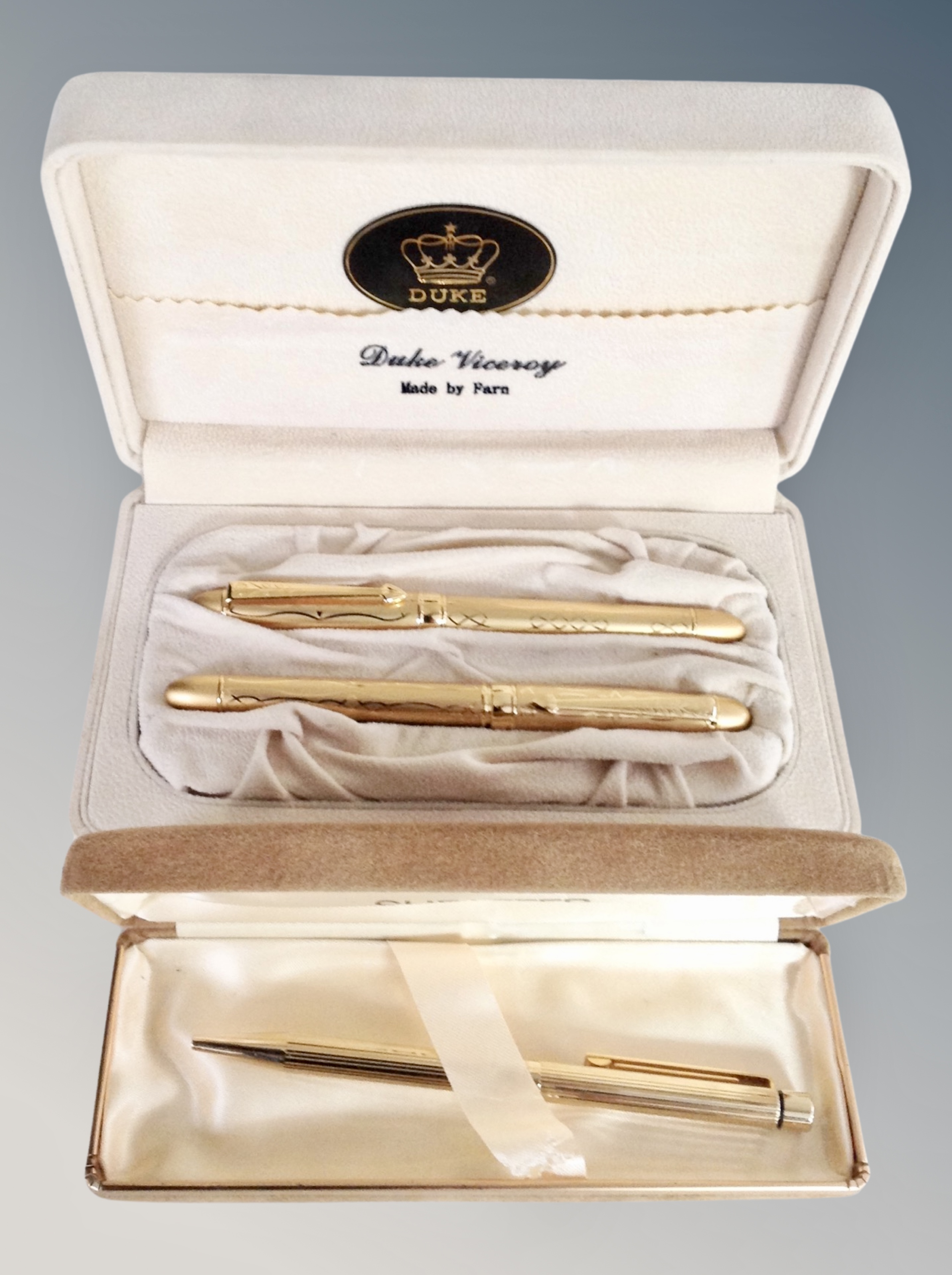 A pair of boxed Duke Viceroy pens and a Sheaffer ball point pen in box