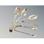 Three silver teaspoons and two similar pairs sugar tongs CONDITION REPORT: 103