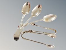 Three silver teaspoons and two similar pairs sugar tongs CONDITION REPORT: 103