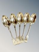 A set of five Victorian silver desert spoons, Goldsmiths & Silversmiths Co, London 1893.