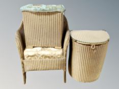 Three pieces of loom furniture comprising basket chair and two linen boxes