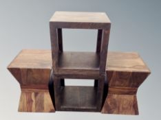 Two hardwood cubes and two pedestal stands