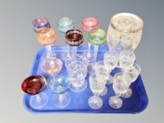 A tray of coloured glass, cut crystal,