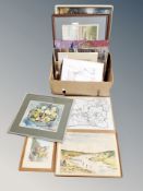 A box of pictures and prints, hand coloured engravings depicting Newcastle, watercolour drawings.