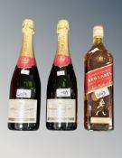 2 x Henri Cachet Champagne, each 75 cl, together with 1 x Johnnie Walker red Label Whiskey, 1 litre.