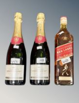 2 x Henri Cachet Champagne, each 75 cl, together with 1 x Johnnie Walker red Label Whiskey, 1 litre.