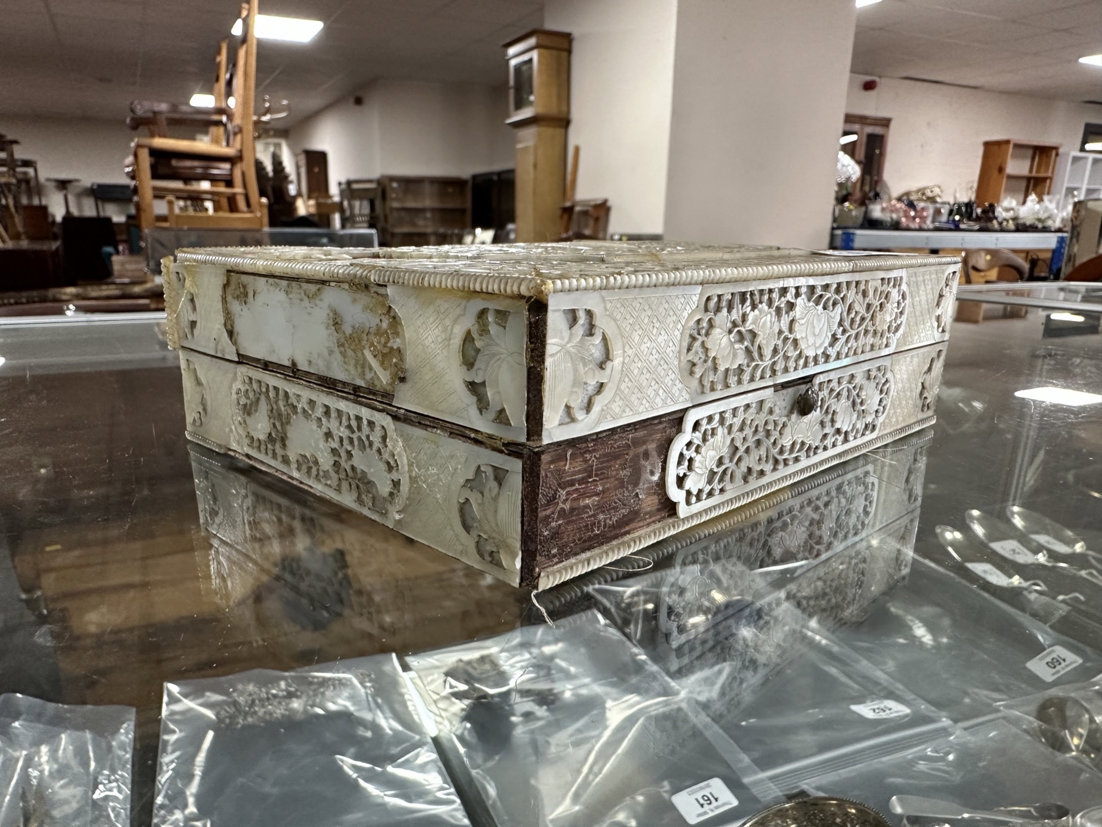 A 19th century Chinese export heavily carved mother of pearl gaming box, - Image 3 of 13