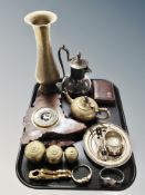 A tray of barometer, silver plated kettles, gent's wrist watch, Indian engraved brass vase,