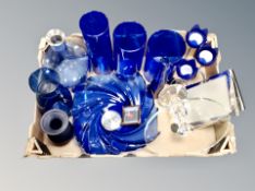 A box containing a blue glass bowl, vases, glass comport, photograph frames etc.