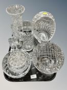 A tray of cut glass, crystal basket,