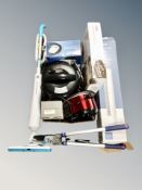 A 32 inch electric tower fan together with a Beldray steam mop, further electricals, toastie maker,