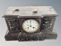 A Victorian slate and mantel clock with pendulum and key (as found)