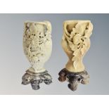 A pair of Chinese carved soapstone spill vases,