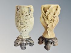 A pair of Chinese carved soapstone spill vases,