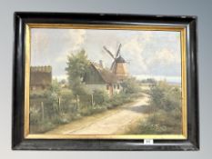 Danish School : Rural track with windmill, oil on canvas,