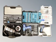 A box of tools including Performance grinder, two hand drills (lacking batteries), cases of screws,