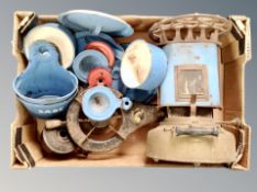 A box of vintage stove, blue enamelled kitchenalia,