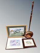 A copper warming pan together with a signed colour print by Keith Proctor,