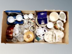 Two boxes of glass, ornaments, pottery, china,