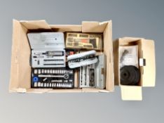 A box of tools including a miniature socket set etc.