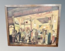 An oil on canvas depicting figures in bar, 50 cm x 40 cm, indistinctly signed.