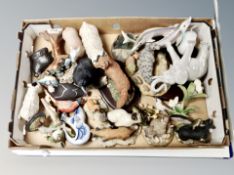 A box of assorted animal figures to include Beswick Persian cat, Border Fine Arts birds,