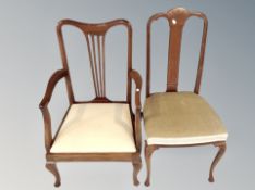 An Edwardian mahogany armchair together with similar inlaid mahogany dining chair