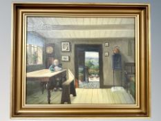 L Frönining : A man reading in cottage interior, oil on canvas,