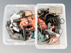 Two boxes of Black and Decker and MacAlister power tools