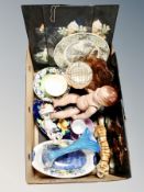 A box of assorted ceramics and glass ware, Maling, carnival glass dish, vintage plastic doll,