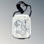 A Japanese bone and penwork inro depicting a samurai and courtesan and birds in blossom to the