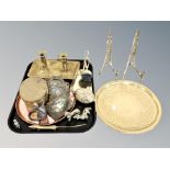 A tray of brass, oval box, miniature still life pictures,