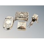 Collection of silver and white metal items : vesta case, pill box, miniature rickshaw,