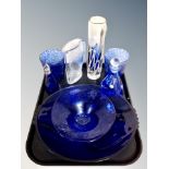 A tray of coloured glass, blue glass continental bowl,