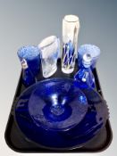 A tray of coloured glass, blue glass continental bowl,